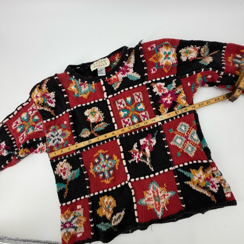 Vintage New York Style Handknit Patchwork‎ Floral Sweater Large Eclectic Grandpa